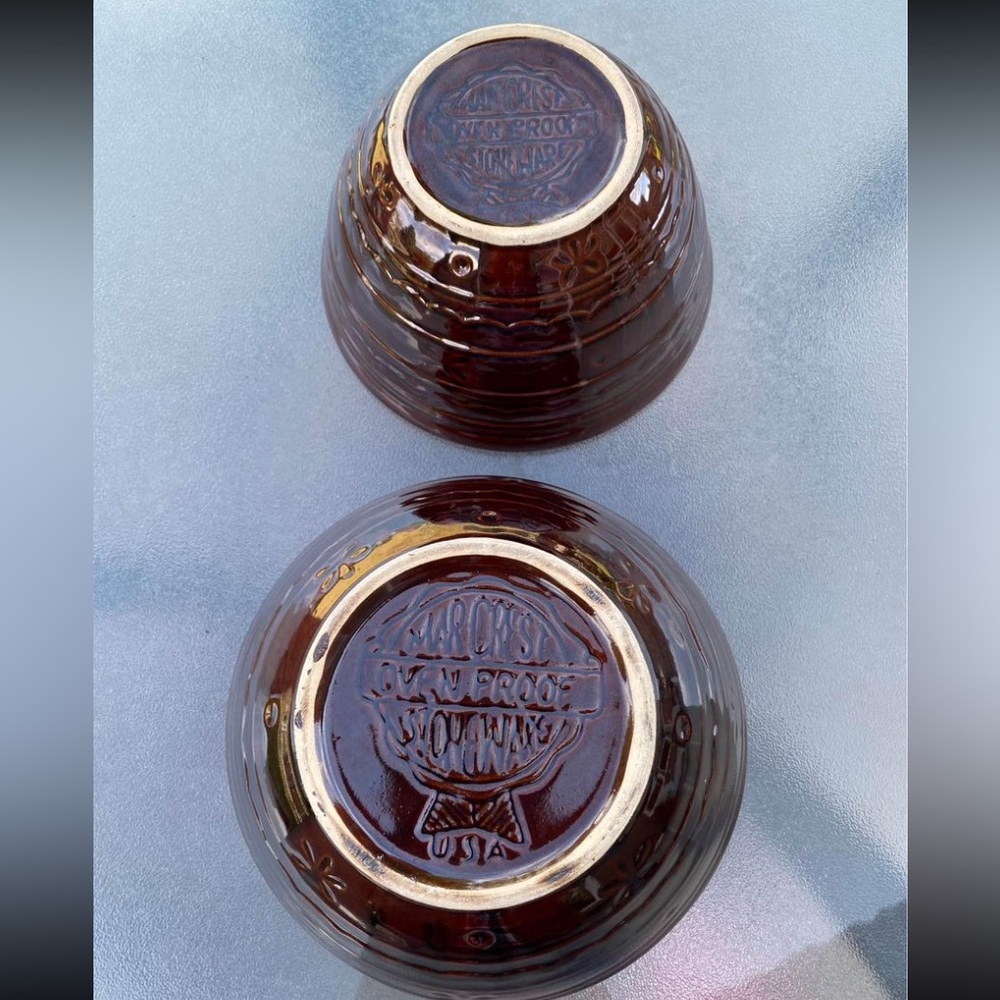 Vtg 1950s Marcrest Brown Stoneware Daisy Dot Pattern Mixing Bowls USA Oven Proof